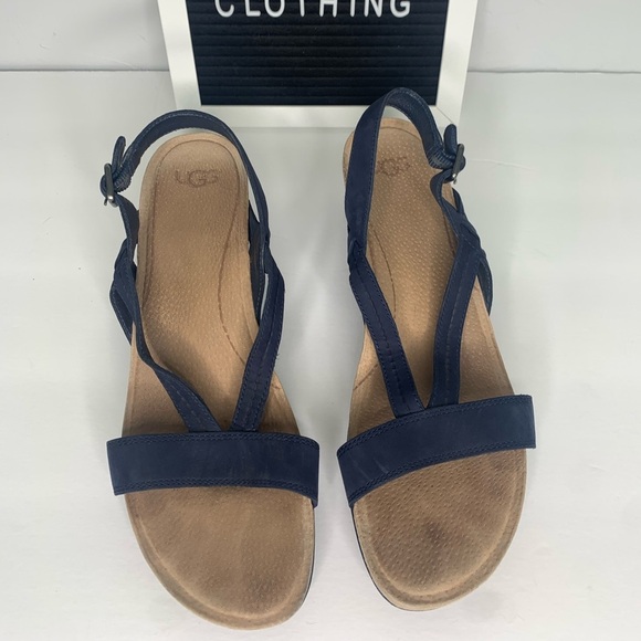 Ugg Kenley Navy Leather Strappy Slingback Wedges Size 9 - Picture 3 of 12